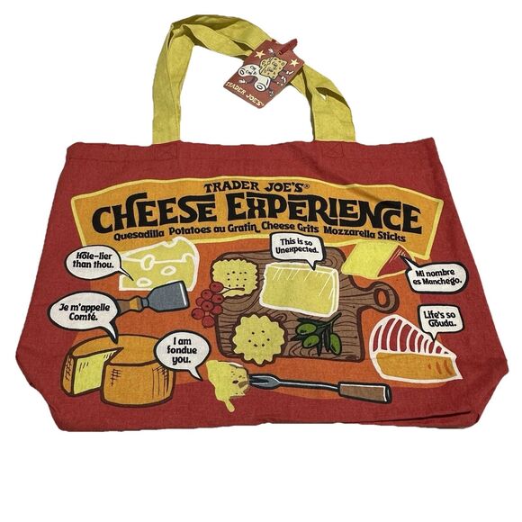 Trader Joe's Bag Tote Canvas NWT Cheese Adventures Shopping Reusable Large Cute - Picture 2 of 9
